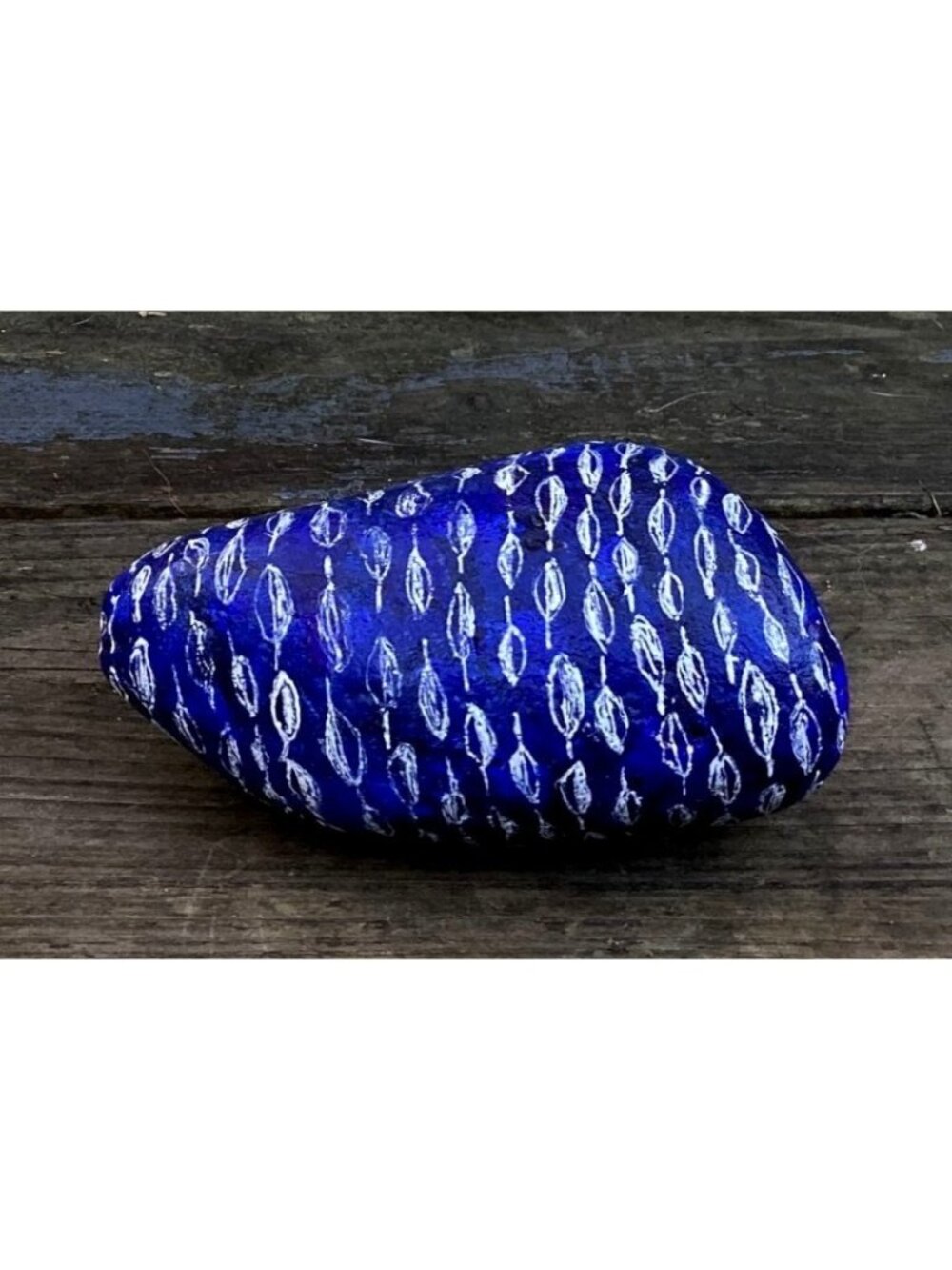 Hand-Painted Blue Decorative Stone White Leaf Pattern Unique Nature Inspired Hom